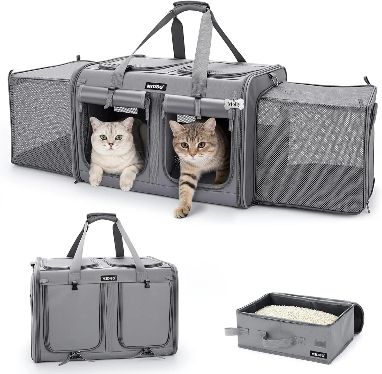 Trasportino Espandibile a Doppio Scomparto per Gatti con Lettiera, Grande Trasportino Morbido per Animali Domestici per Viaggi in Auto e Traslochi