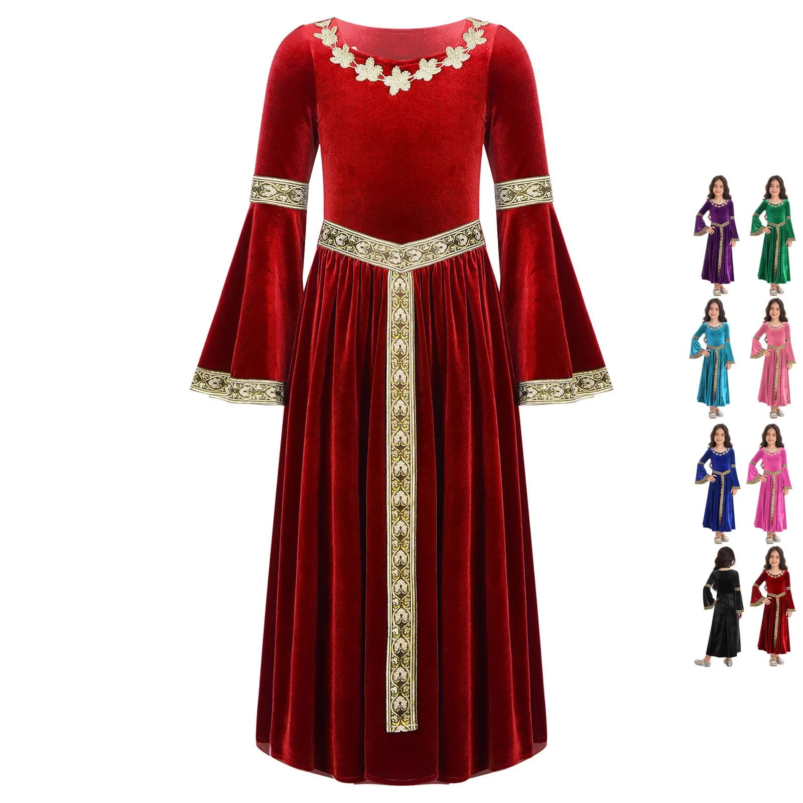 Abito da principessa regina per bambina, abito medievale vintage rinascimentale, abito da ballo gotico con maniche lunghe svasate, maxi abito da festa di Halloween