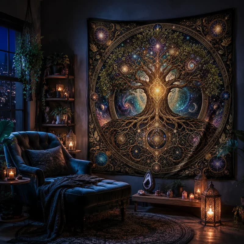 VIKAMA Tree Of Life Tapestry Cosmic Galaxy Sacred Geometry Planet Moon Golden Tree Root Wall Hanging for Witchy Bedroom Decor