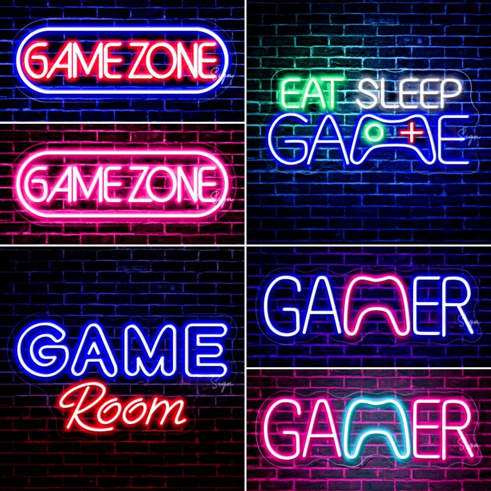 Luci al neon a LED Decorazioni per la sala giochi Arte della parete Gamer Zona di gioco Camera da letto Luci notturne sospese Festa Vacanze Regalo di compleanno Insegna al neon USB