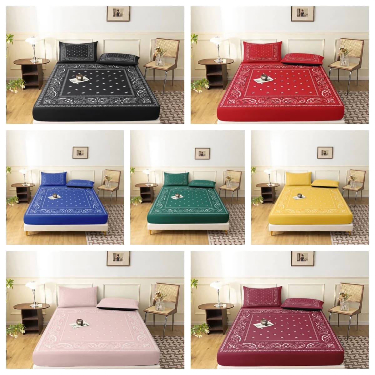 Set di lenzuola con angoli in stile paisley bianco e nero, 3 pezzi, biancheria da letto classica in stile bandana, per la protezione del materasso di casa, camere da letto e dormitori