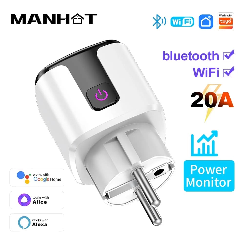 Tuya WiFi + Bluetooth Smart Plug 20A Intelligent EU socket with power monitoring timing function Voice control support Google Alice Alex