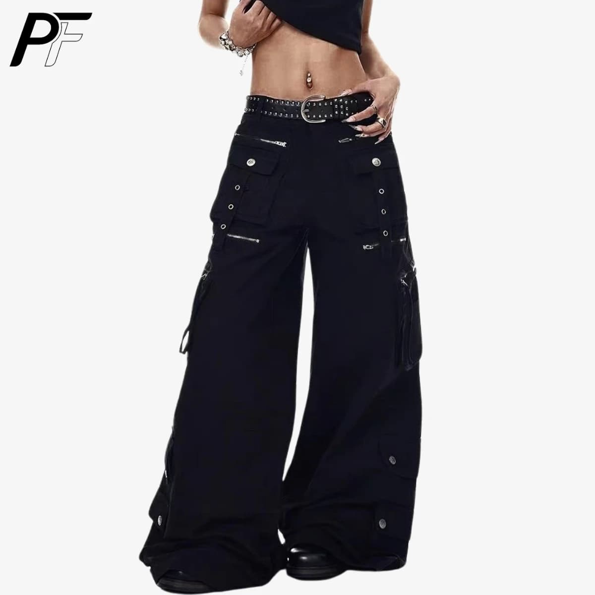 Pantaloni Cargo a Gamba Larga Stile Grunge Techwear Y2K, Pantaloni Utility con Tasche Multiple, Jeans Vintage a Vita Alta per Uso Quotidiano