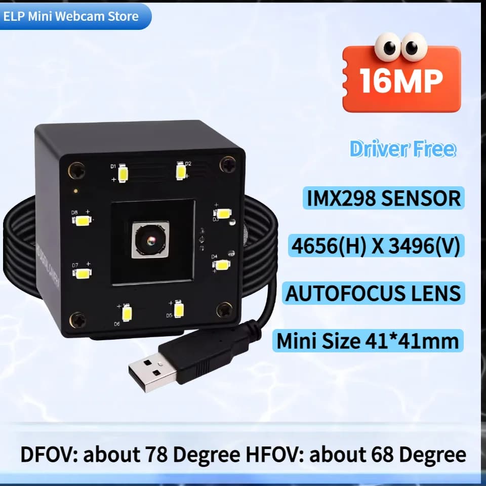 ELP 16MP USB Camera 4656*3496 IMX298 Sensor Industrial Mini USB2.0 Autofocus Webcam Night Vision with White LEDs
