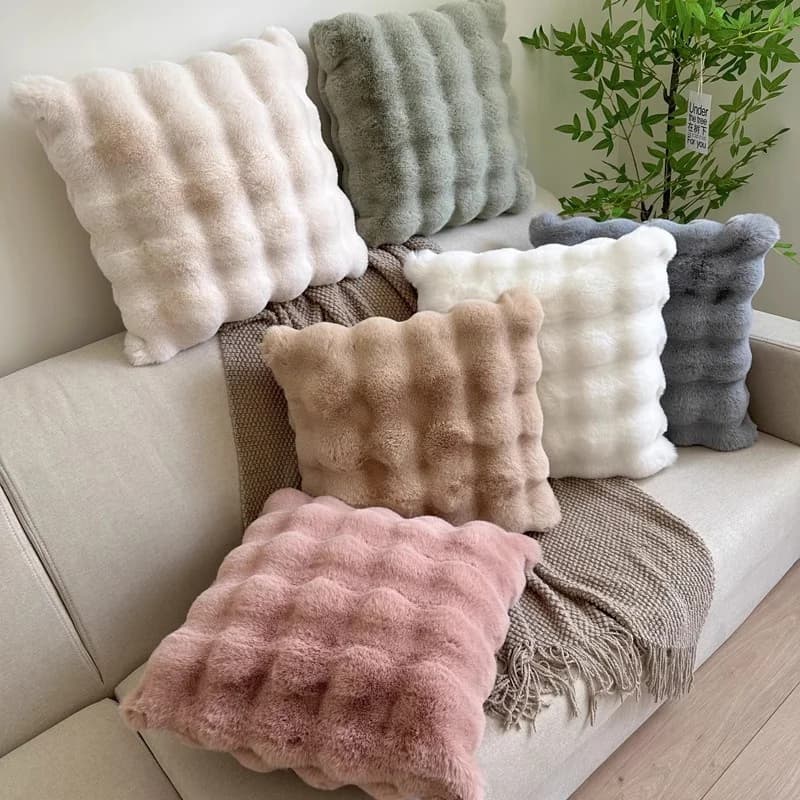 Nordic Sofa Couch Seat Cushion Faux Rabbit Fur Plush Cushion Cover for Living Room, Bedroom, Home Decor Soft Waist Back Pillow