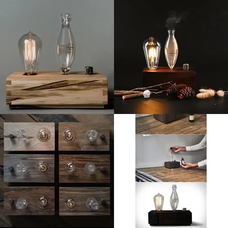 【CHIMU HOME】 Ultrasonic Aromatherapy Diffuser for Smart Home with Vintage Wood Design Scent Mist Machine with Light Bulb for