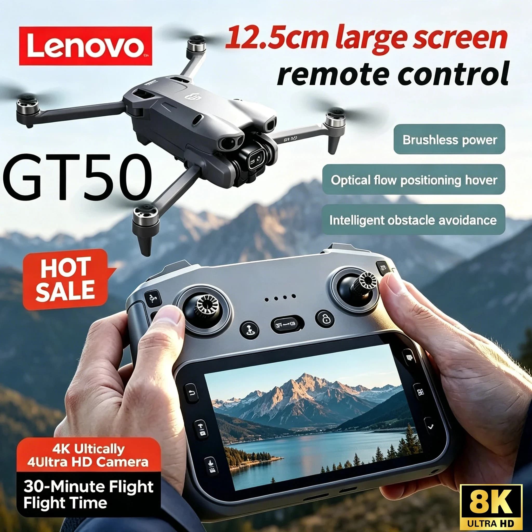 Drone Lenovo GT50 5G con Schermo, Fotocamera Professionale 8K HD, Motore Brushless, Flusso Ottico, Fotografia Aerea, Quadricottero RC