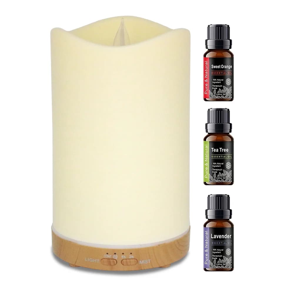Umidificatore aromatico 3 in 1 a forma di candela da 130 ml, timer integrato e luce notturna delicata, diffusore delicato di oli essenziali adatto per l'uso quotidiano di aromaterapia a casa e in ufficio