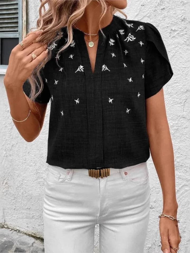 Top da donna a maniche corte con scollo semi-aperto, estivo, tinta unita o stampato, casual e versatile