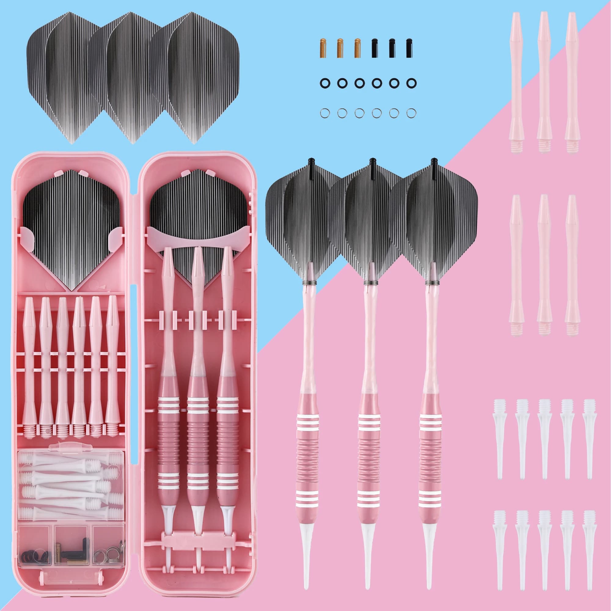 Set di 3 freccette rosa con punta morbida di precisione - Freccette in acciaio di alta qualità, fornite con accessori completi, freccette da competizione resistenti per allenamento, uso domestico e giocatori professionisti
