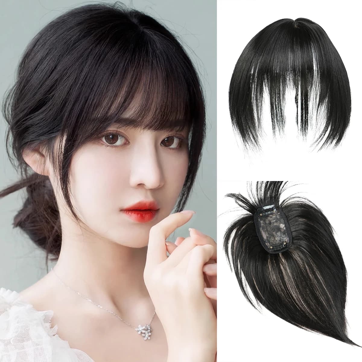 Extension of hair clip with natural-looking synthetic 3D air fringe - invisible earpiece for a style and volume effortlessly