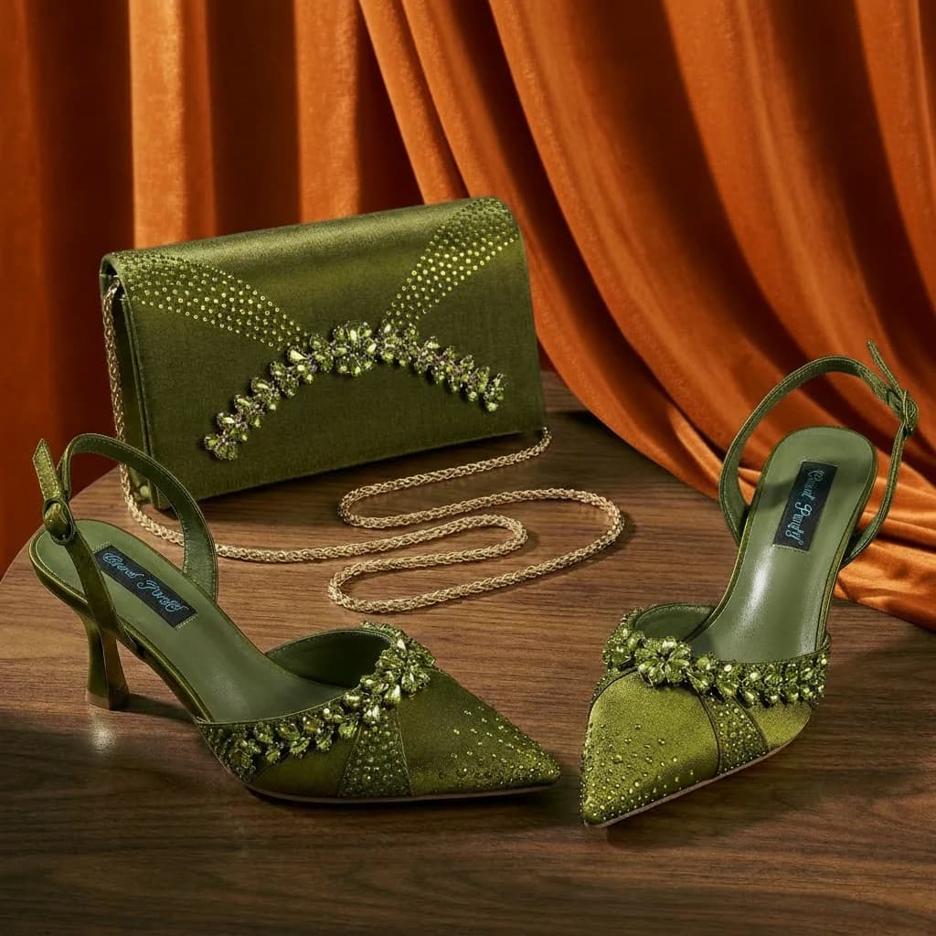 Set di Scarpe e Borsa da Donna 2026 Ispirato all'Italia con Strass a Forma di Oliva, Tacco Alto e Punta Affusolata, Eleganti Scarpe da Festa
