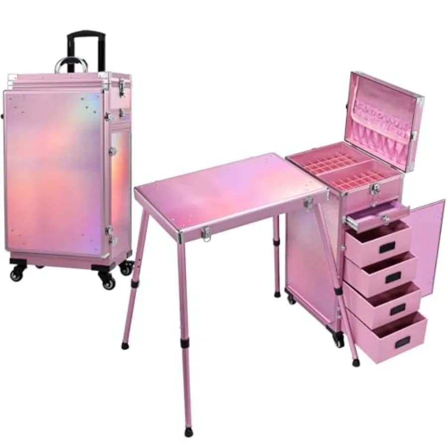 Mobile manicure workstation with 5 drawers, foldable design, wheels, brush pouch, for nail technicians and makeup artists black