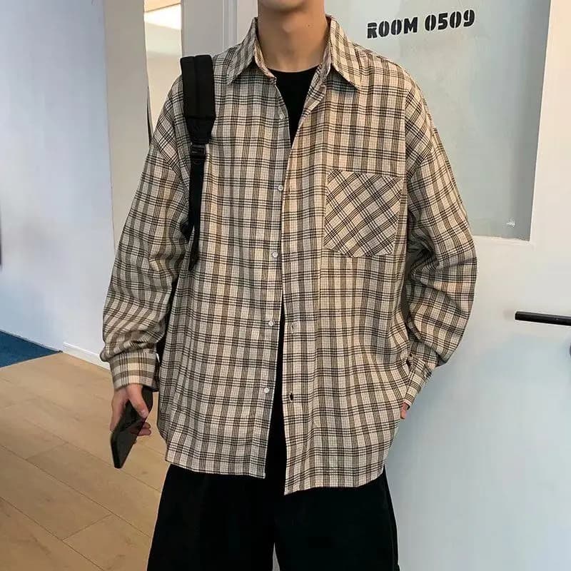 Plaid Retro Vintage Soft Cozy camicie da uomo primavera estate camicetta a prova di sole maschile Casual giapponese Harajuku top lavoro Business Office