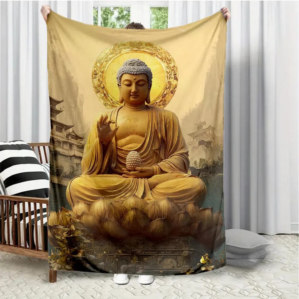 Coperta stampata in flanella con posa di Buddha e disegno floreale, adatta a tutte le stagioni, adatta per soggiorno, ufficio, divano, viaggi