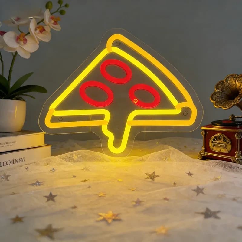 Insegna al Neon LED a Forma di Pizza, Luce Notturna USB, Lampada da Tavolo Estetica a Tema Cibo per Camera da Letto, Sala da Pranzo, Ristorante, Bar, Caffè, Decorazione Casa, Regalo