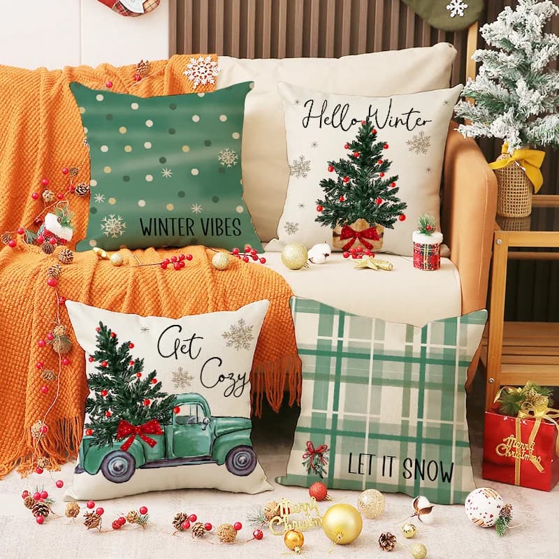 Fodere per cuscini verdi invernali di buon albero di Natale, set da 45x45 cm di 4, decorazioni per federe per cuscini natalizi per divano divano