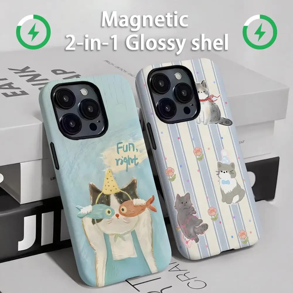Cute cats and dogs Phone Case Magnetic 2-in-1 Glossy shell For iPhone 16e 16 15 14 13 12 11 Pro Max Plus mini XS