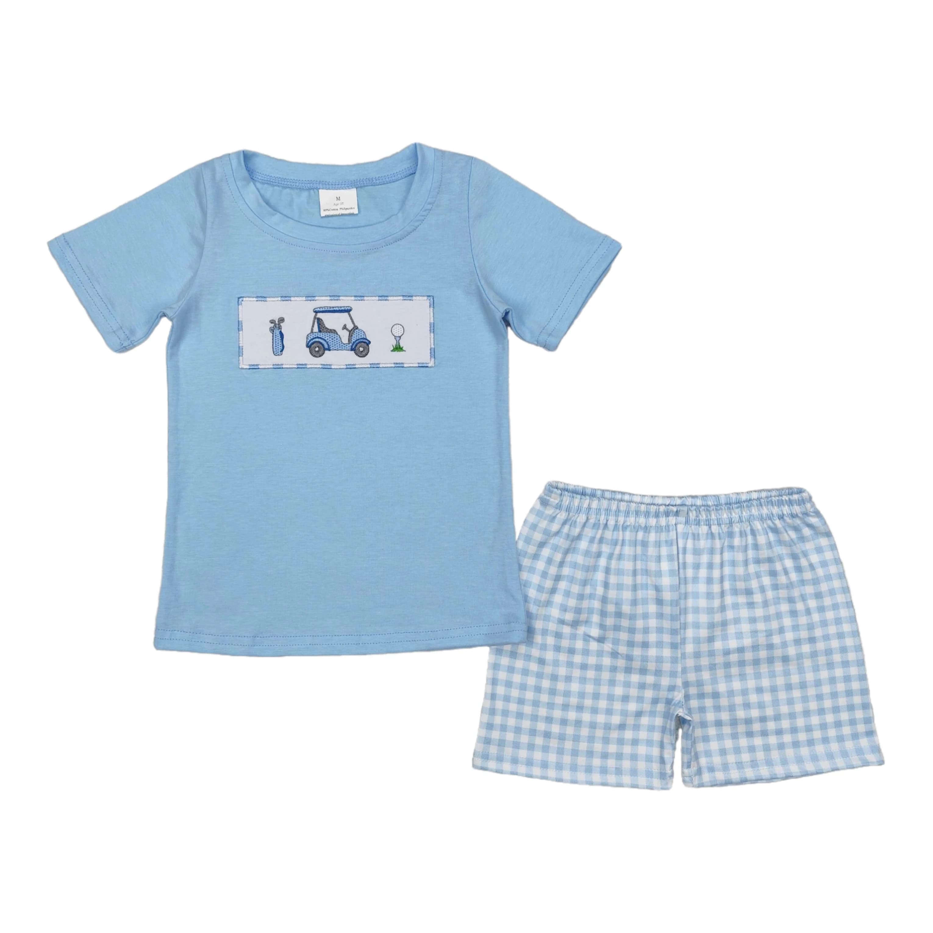 Wholesale Children Embroidery Golf Ball T-shirt Baby Boy Summer Short Sleeves Set Infant Toddler Blue Checked Shorts Kids Outfit