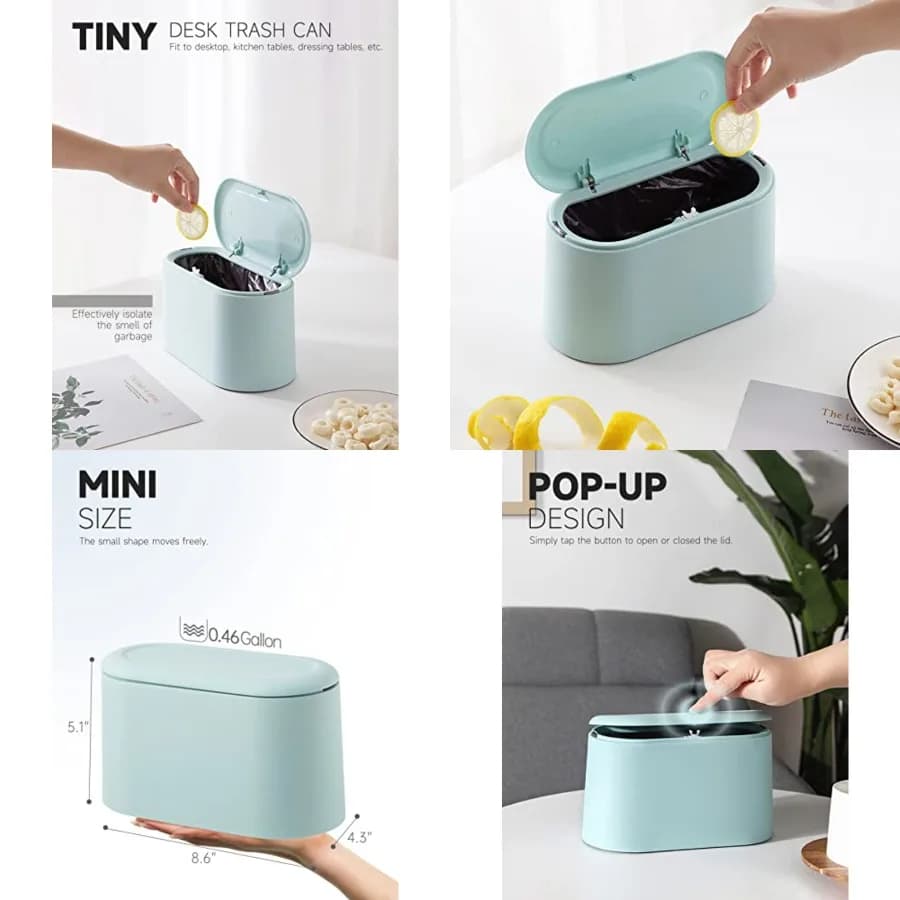 Mini cestino per rifiuti con coperchio rimovibile, piccolo contenitore per spazzatura, mini cestino in plastica, cestino da banco a scomparsa, contenitore per coture e pelucchi (Azzurro)