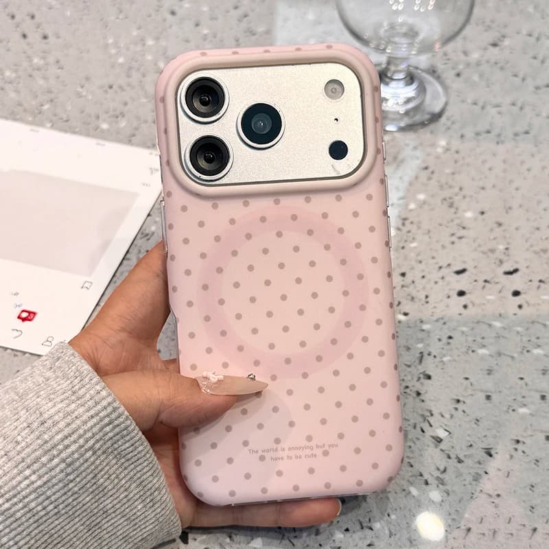 Custodia Magnetica Rosa con Pois Circolari alla Moda per iPhone 17 Pro Max 16 15 14 13, Cover Posteriore Antiurto IMD Compatibile con MagSafe