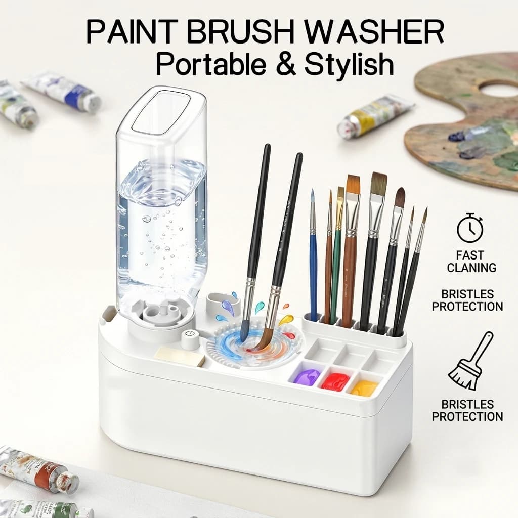 Portable 450ml Brush Washer with Press-to-Change Water Bucket, Suitable for Acrylic Paint Makeup brushes Cleaning Tools