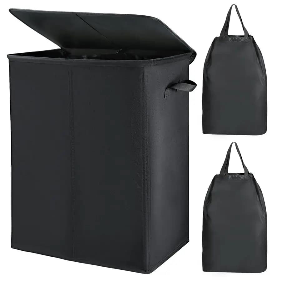154L Double Duty Basket with Cover and 2 Removable Bags, Large Folding Basket for Dimmed Clothes with 2 Dividers and Handles