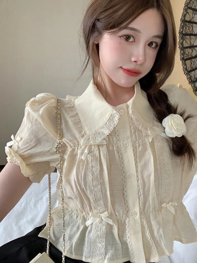 Camicette dolci donna Lolita Style Kawaii Bow Puff manica corta Crop top ragazze francese pizzo Peter Pan colletto camicia abiti estivi