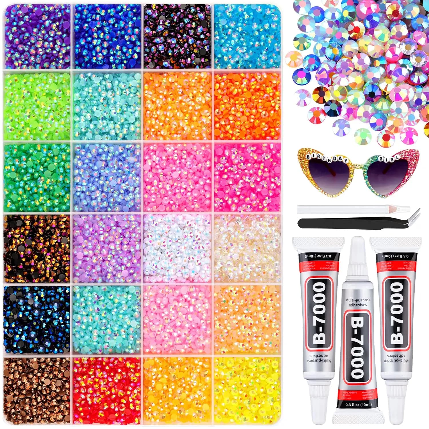 32000 Pezzi di Strass in Resina Misti con Colla B7000, Gemme Piatte da 3mm per Artigianato Fai-da-Te, Abbigliamento, Tazze, Scarpe, Nail Art