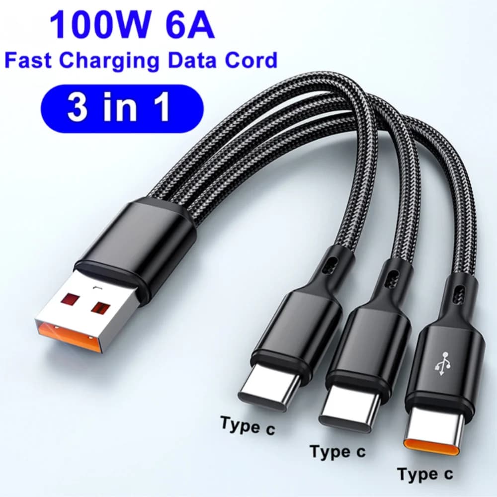 Cavo USB tipo C 6A 100W 3 in 1 cavo dati per caricabatterie per telefono a ricarica rapida per Samsung S24 S23 Xiaomi Huawei cavo di ricarica rapida USB C