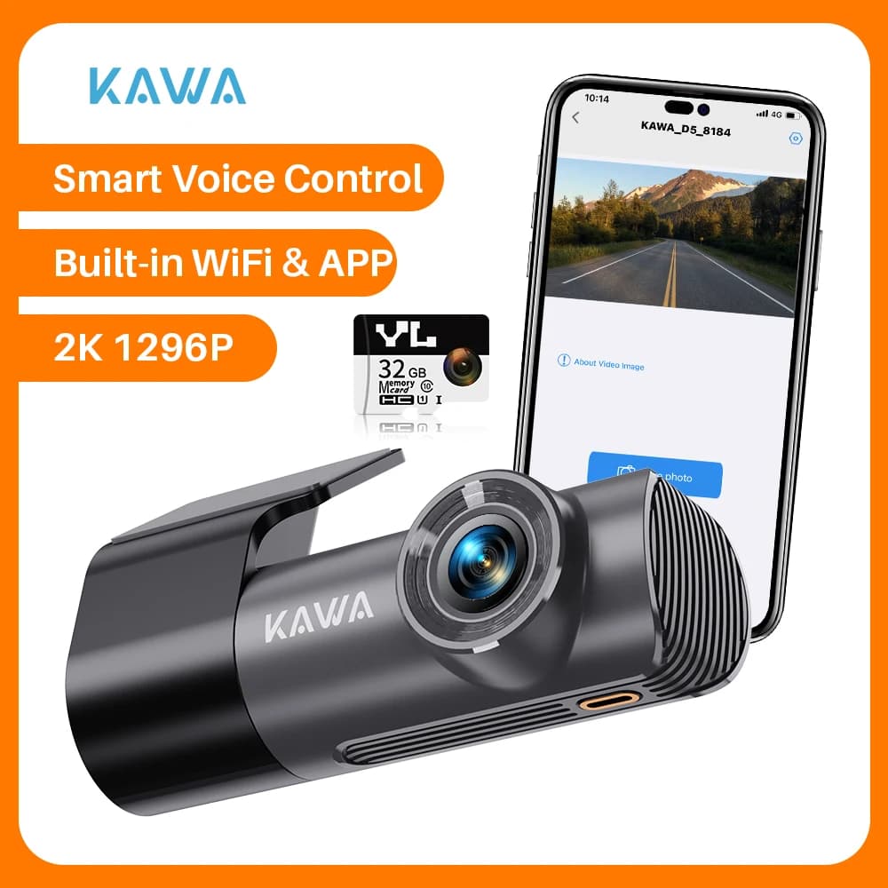 Dashcam 2K per auto, videocamera DVR per auto KAWA D5, registratore video con controllo vocale di emergenza, monitoraggio tramite app WiFi, WDR.