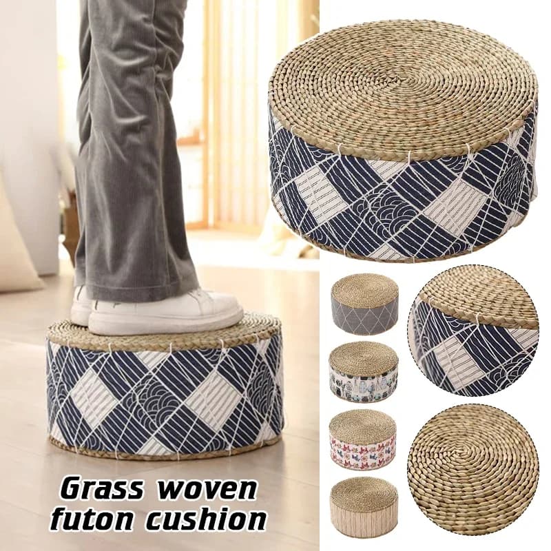 Japanese Style Kids Thicken Futon Meditation Cushion Tatami Rattan Round Yoga Cushion Natural Straw Woven Kowtow Cushion Decor