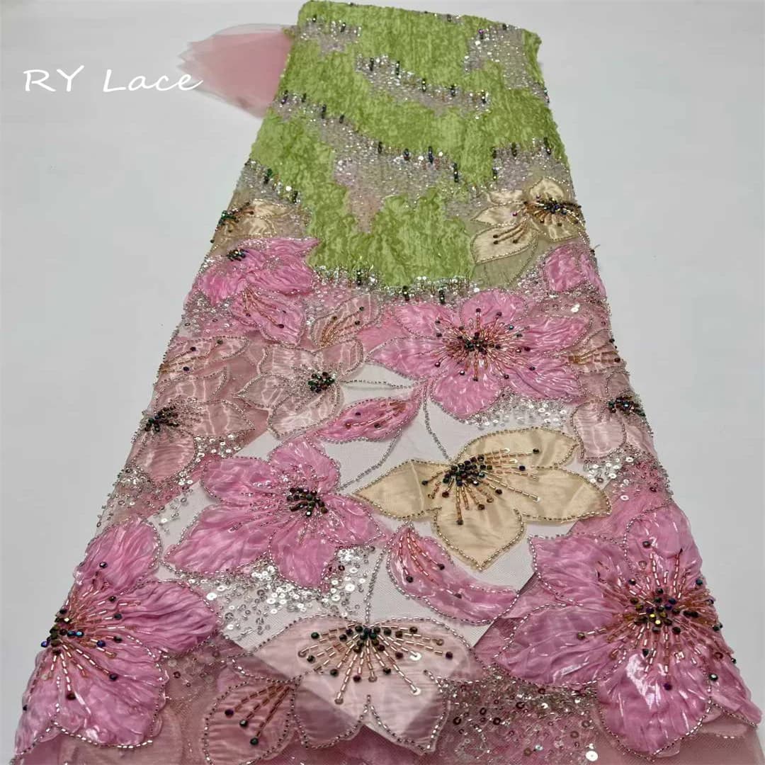 Abito da Sposa Francese, Abito da Sera, Tessuto in Rete con Ricamo a Perline e Paillettes, Tessuto in Pizzo