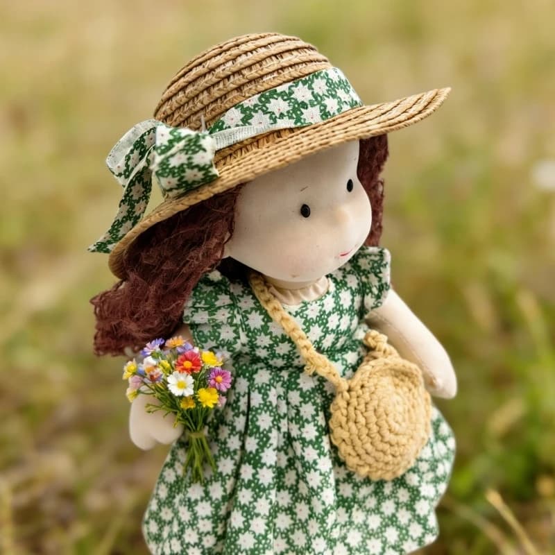Vestiti per bambole Waldorf fatti a mano, adatti per bambole da 12 pollici/30 cm, cappello + vestito verde estivo + scarpe + borsa, idea regalo per ragazze e ragazzi.