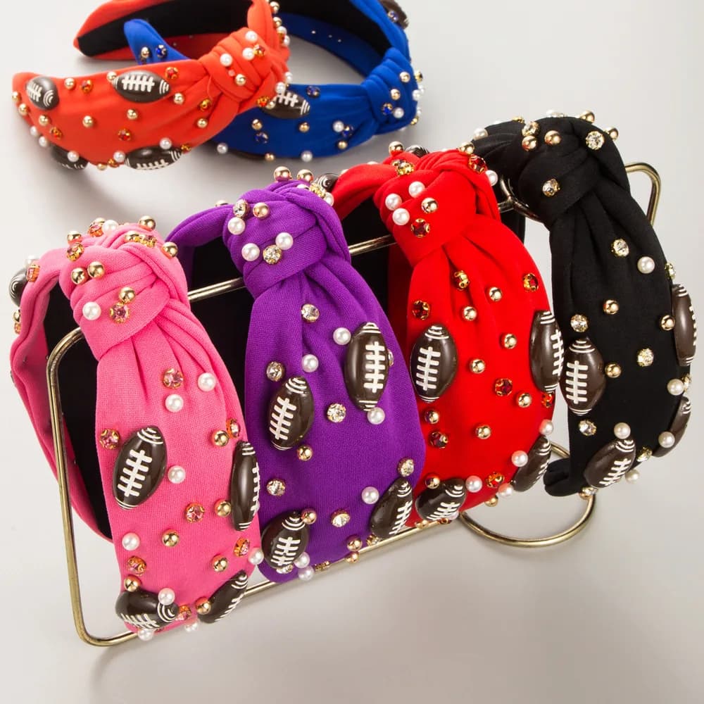 Sporty Football Theme Knotted Headband Shiny Rhinestone Imitation Pearl Hairband Game Day Tailgate Stadium Fan Hair Hoop