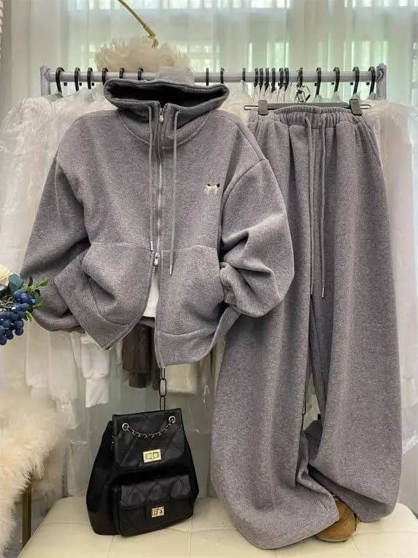 Set di Moda Casual Autunno-Inverno in Stile Coreano per Donne con Giacca in Pile con Cappuccio e Pantaloni a Vita Alta e Gamba Larga, Completo Due Pezzi