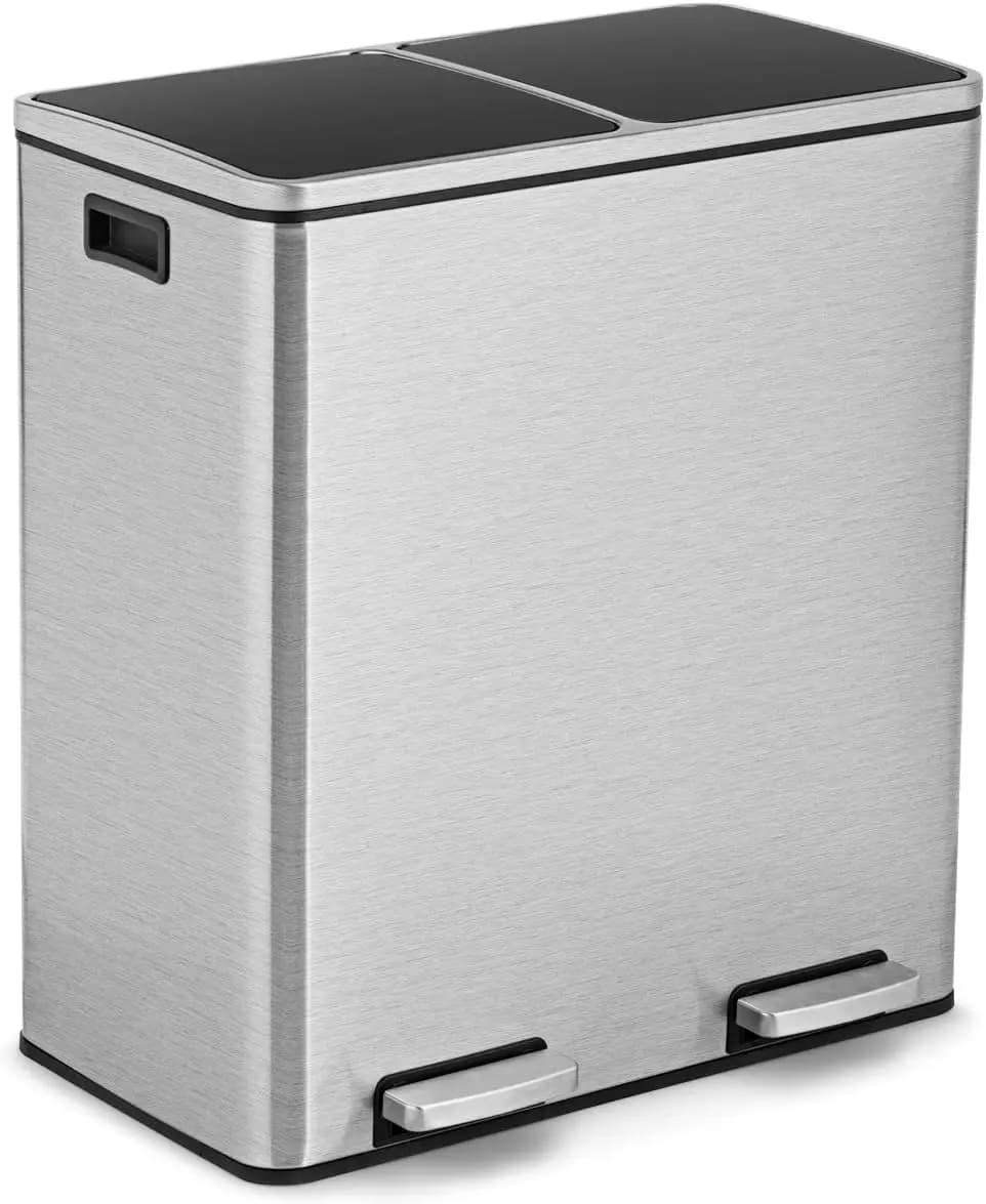 Pattumiera da cucina, pattumiera doppia da 2 x 8 galloni (2 x 30 L) con secchielli interni, 2 scomparti e coperchi incernierati, acciaio inossidabile