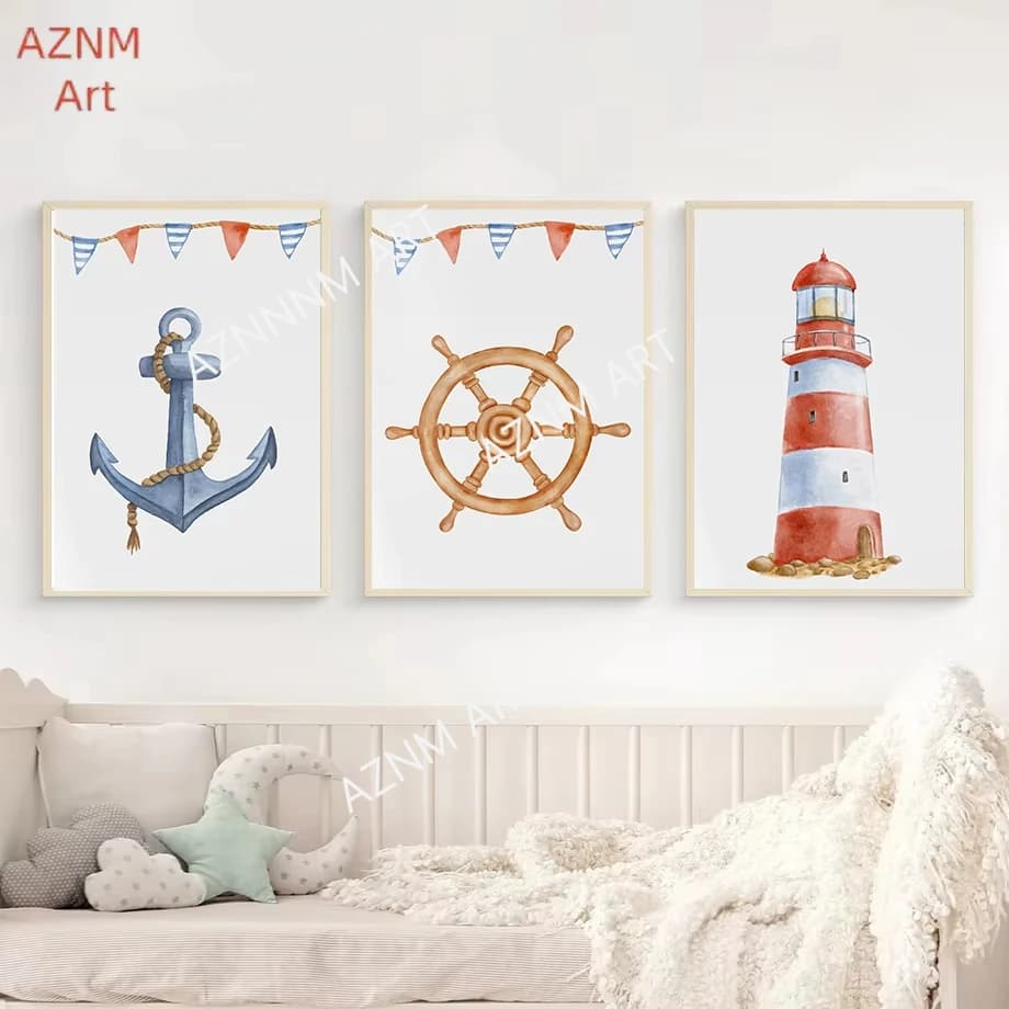 Poster e Stampe su Tela con Ancora, Faro e Nave in Stile Nautico ad Acquerello, Decorazione per Cameretta dei Ragazzi