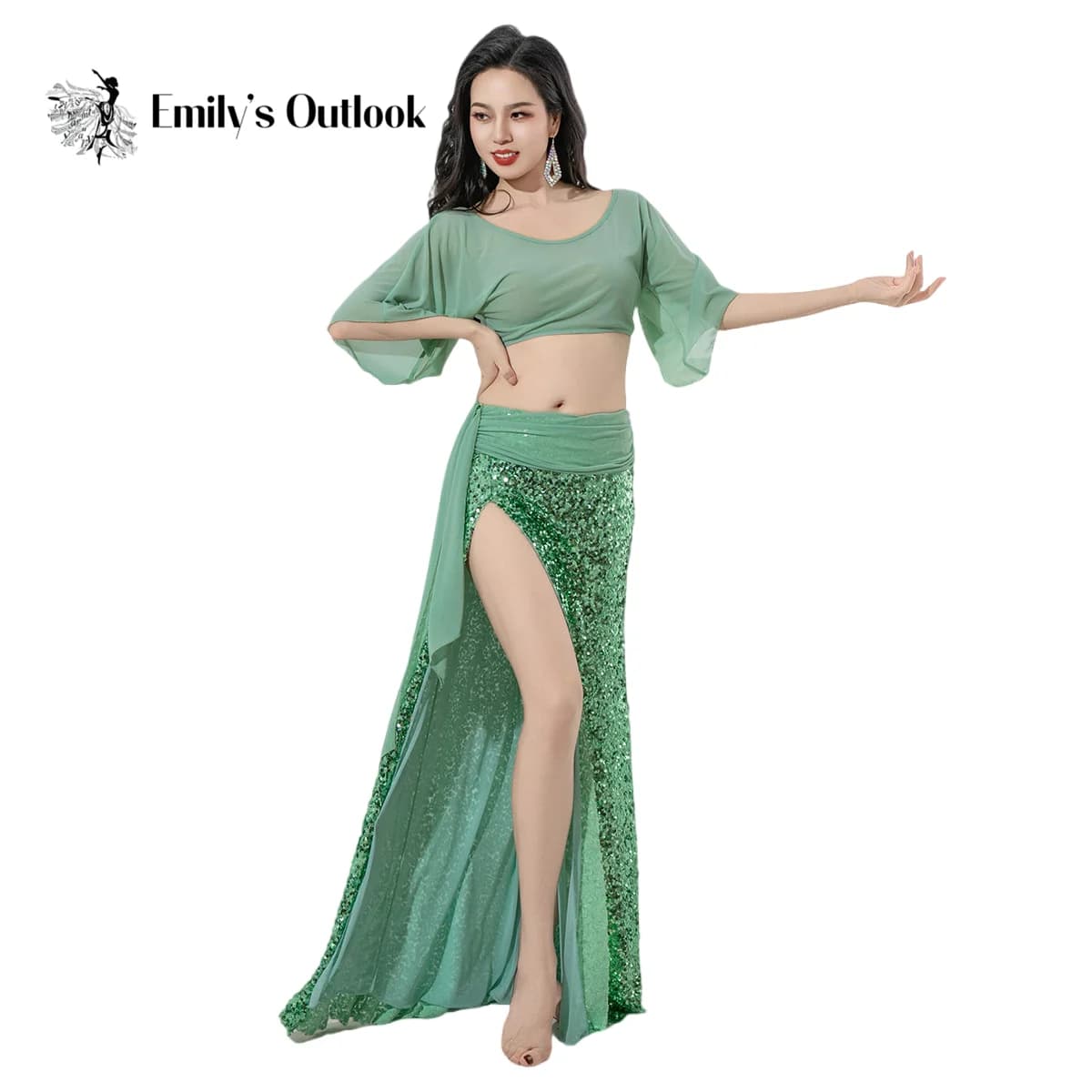 Costume da ballo con paillettes scintillanti Donna Top di danza del ventre allentato Gonna lunga con spacco laterale sexy Filato d'acqua Dancewear Pratica Spettacolo teatrale 2025
