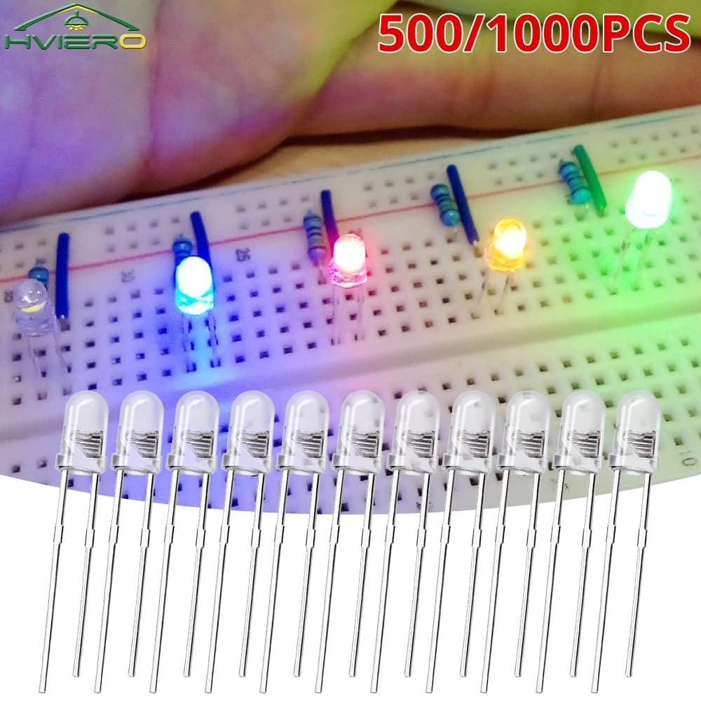 500/1000PCS 3 millimetri Diodo Rotondo Componente Elettronico Bianco Rosso Giallo Blu Verde Luminoso Assortimento di Emettitori di Luce Kit Lampadine Lampada A Led