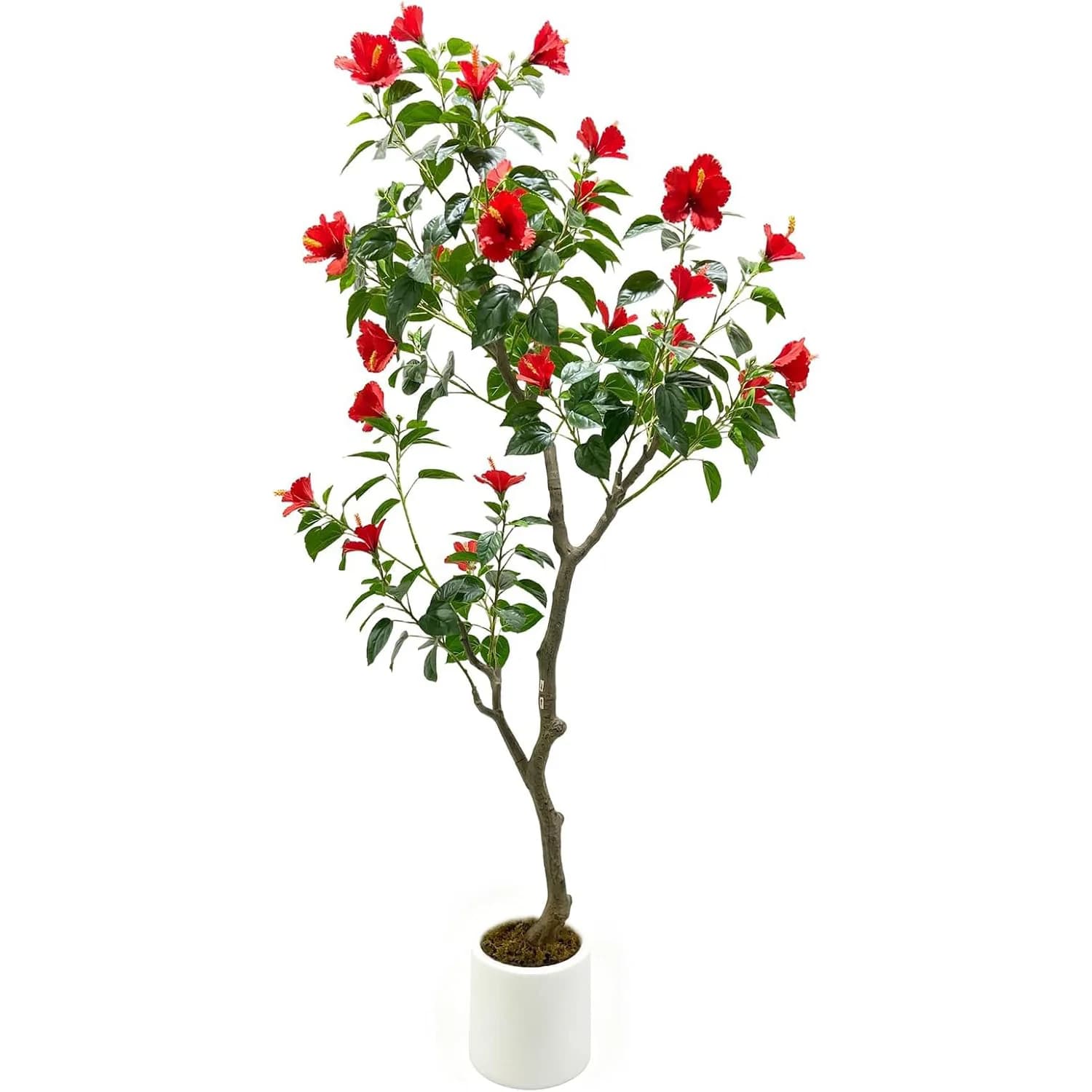 Albero Artificiale di Ibisco di 1,5 Metri con Foglie Realistiche e Fiori Rossi in Vaso per Decorazione Casa e Patio