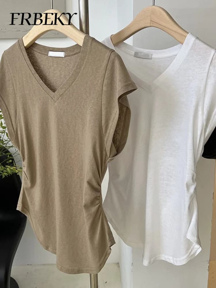 Casual Top donna estate sottile scollo a v a maniche corte T-Shirt vita allentata sottile manica a mosca Top T-Shirt oversize abbigliamento donna Tees