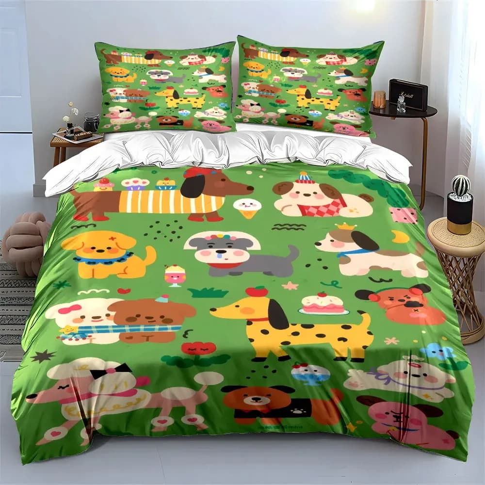 Set di biancheria da letto per cani da 3 pezzi, adorabili cuccioli di cartone animato con stampa di dolci, copripiumino + 2 federe, decorazione per la camera dei bambini