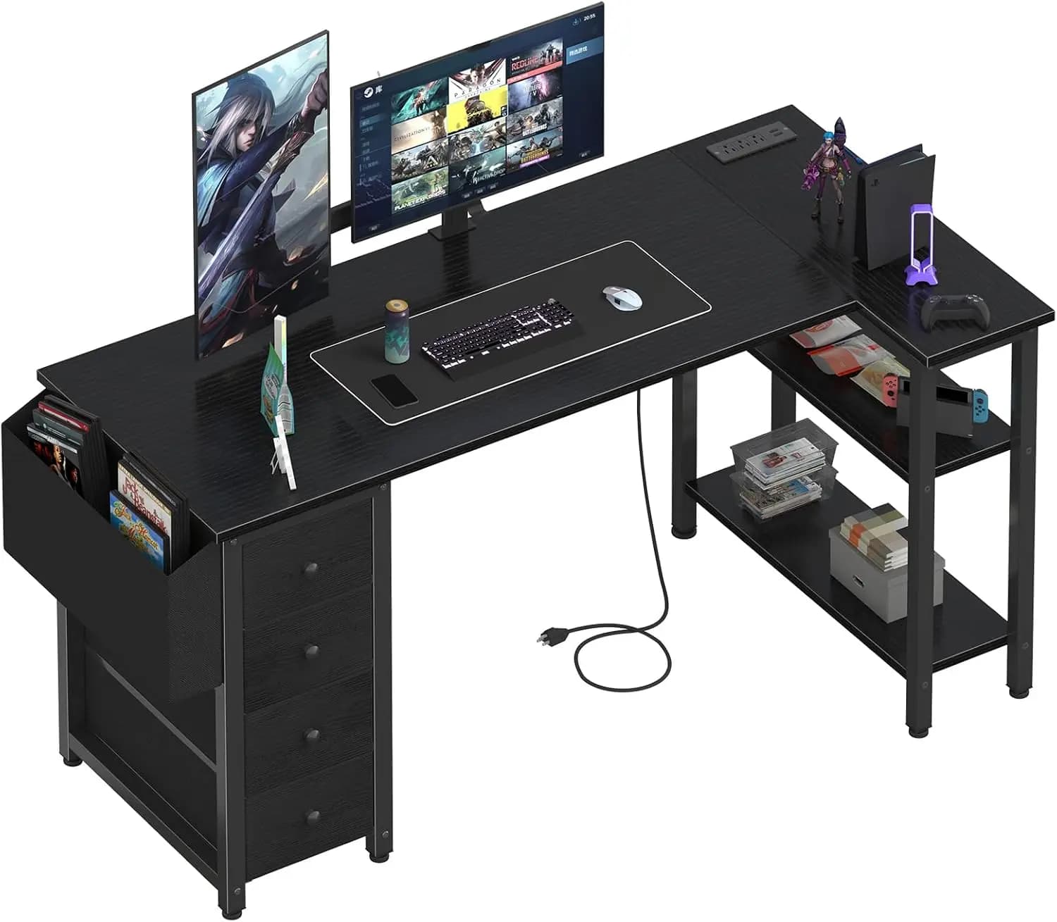Scrivania da Gaming a L da 55 Pollici con Cassetti, Ripiani Portaoggetti e Presa di Corrente per Casa, Ufficio e Camera da Letto, Nera