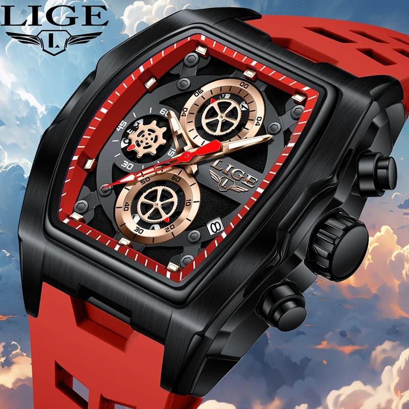 LIGE Orologio quadrato creativo da uomo Cronografo sportivo impermeabile militare Moda maschile Orologi da polso al quarzo con data in silicone per uomo