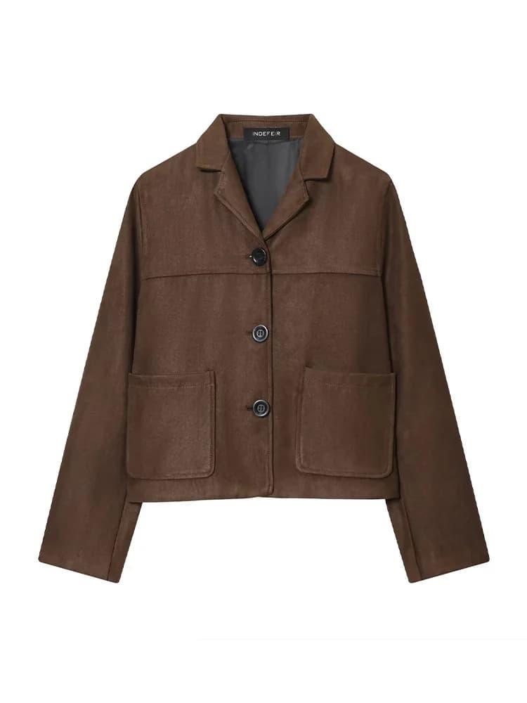 HH Donna Moda monopetto Decorazione tascabile Cappotto corto Giacca invernale in pelle scamosciata stile street con risvolto femminile a maniche lunghe