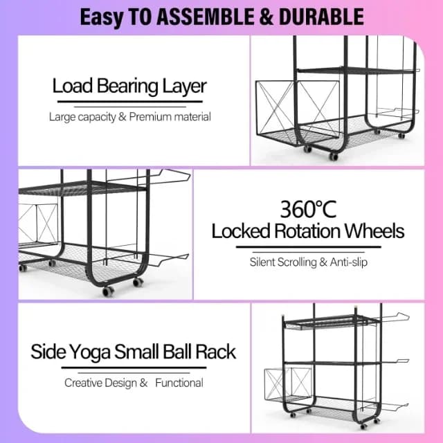 2026 Easy to Assemble Home Gym Metal Organizer With Wheels and Hooks Yoga Mat Basketball Organizer