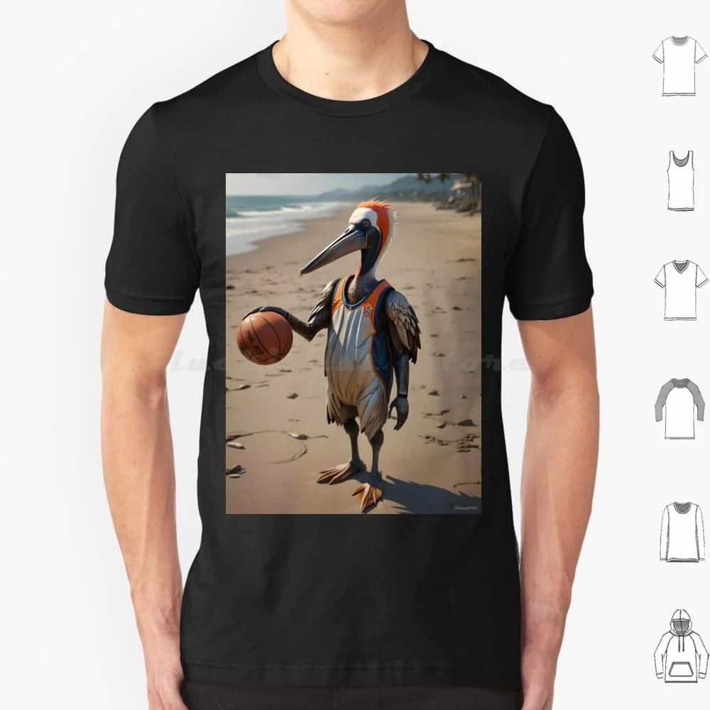 Pelican Plays Basket On The Beach T Shirt 6xl Cotone Cool Tee Pelican Basket Beach Estate Divertente Astratto Non Conformista