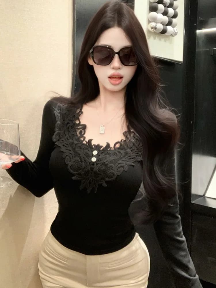 Elegante T-shirt da donna ricamata a maniche lunghe con scollo a V, in pizzo, da indossare sotto la maglia, intimo nero, autunno inverno, sexy, Pure Desire