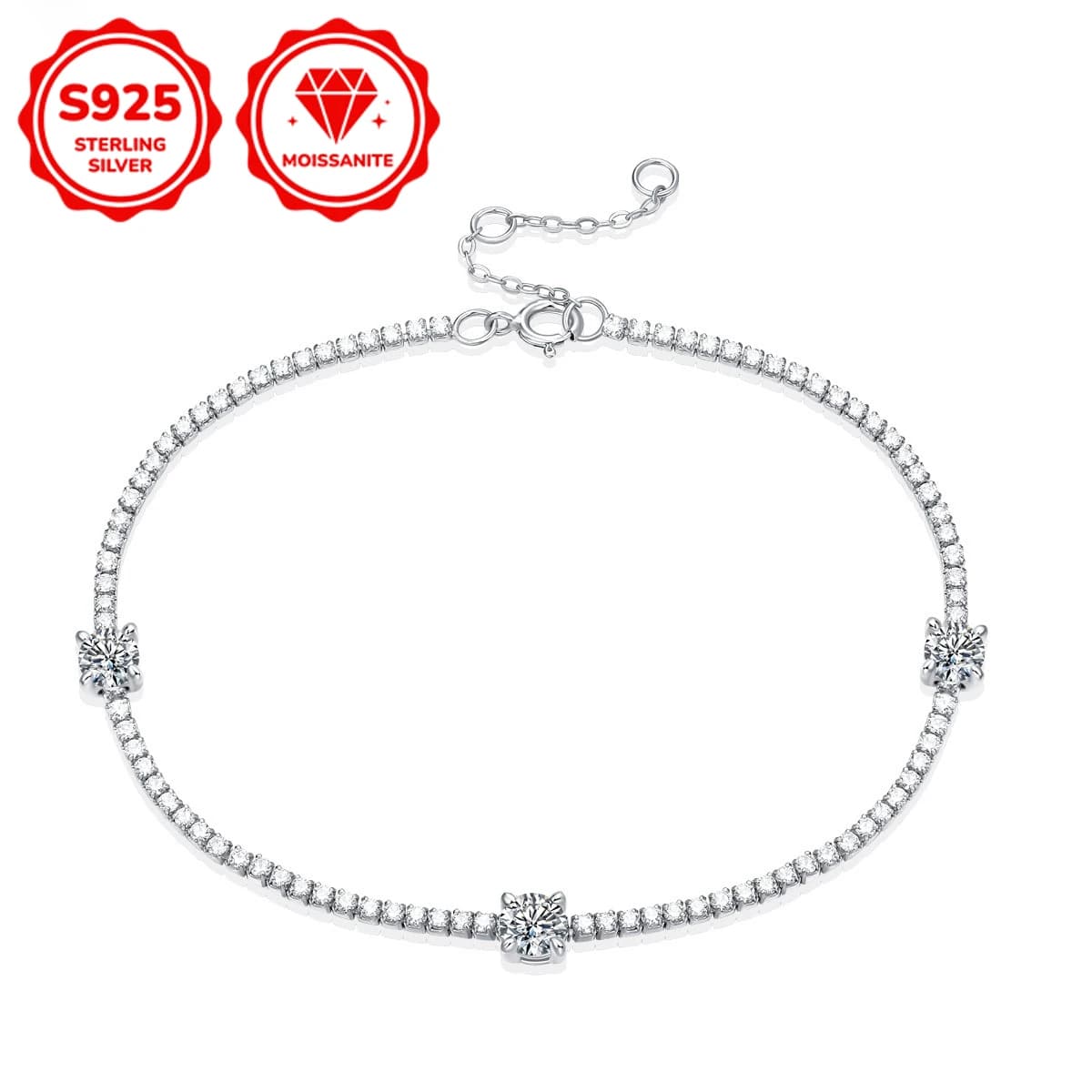 Bracciale Moissanite a Tre Pietre da 0,9 Carati, Bracciale a Catena in Argento Sterling 925 per Donna